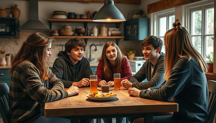 Teenagers chatting around a table, cozy kitchen setting, summer camp movies to watch.