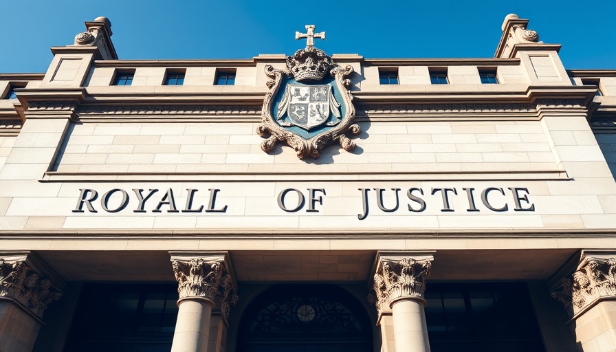 Royal Courts of Justice building detail highlighting court case location.