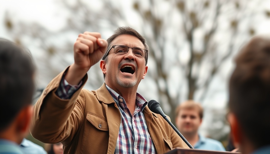 Energetic speaker raising fist while passionately addressing crowd.