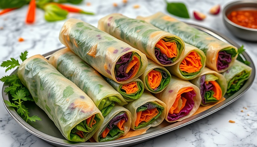 Colorful summer snacks including spring rolls with fresh ingredients.