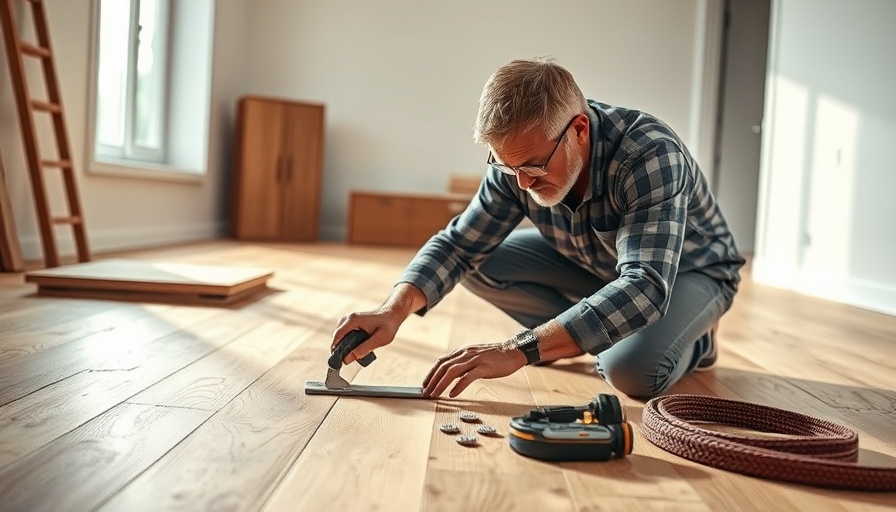 Man installing wooden floor with tools considering flooring replacement tips.