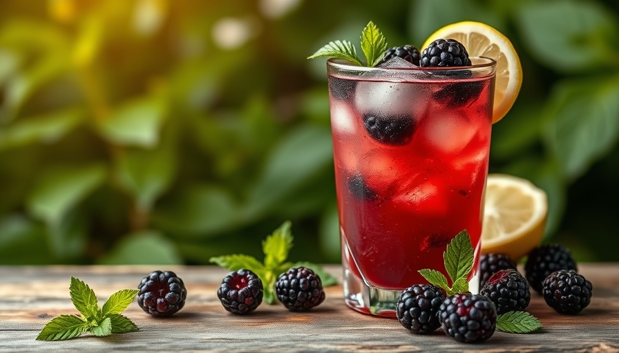 Low-calorie blackberry cocktail with lemon and mint on rustic table.