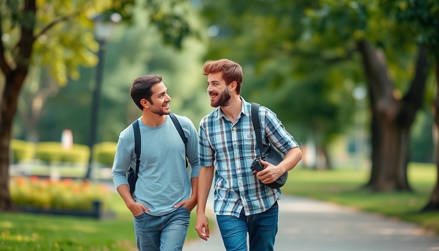 Father and son discussing safety awareness while walking in park