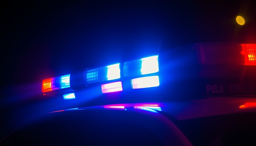 Dramatic police lights in the dark, red and blue flashing.