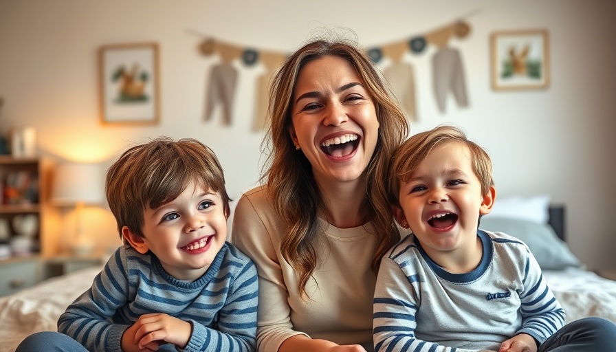 Playful mother with two kids in cozy room, family interaction.
