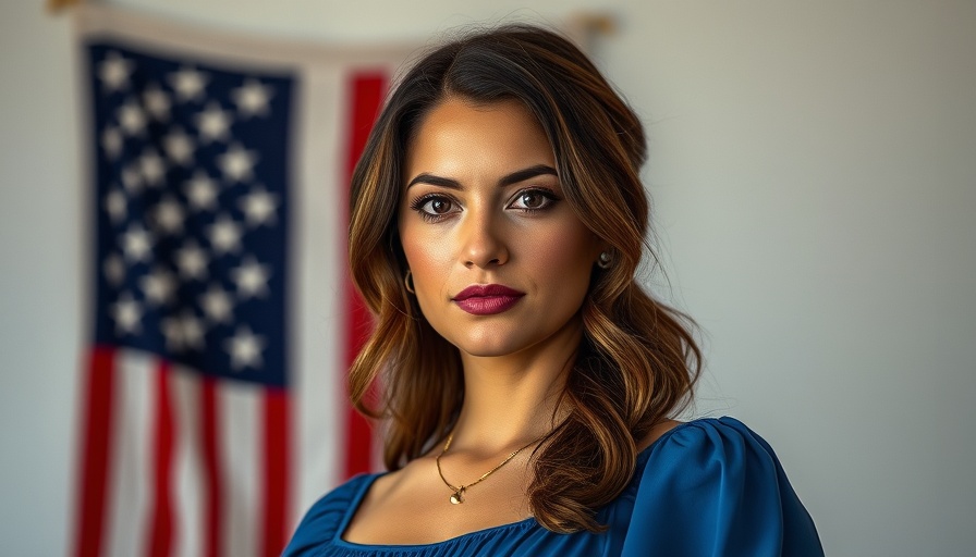 Woman in blue dress posing in front of American flag, illustrating ectopic pregnancy healthcare laws