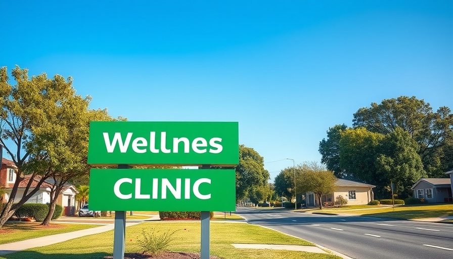 Green clinic sign for waiving adoption fees event, outdoors in suburban area.