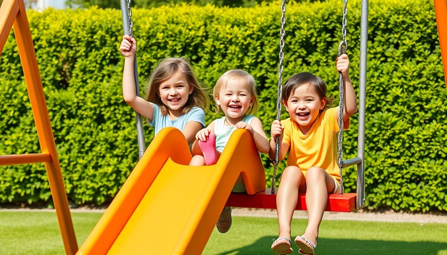 Children playing on a colorful swing set in a sunny yard.