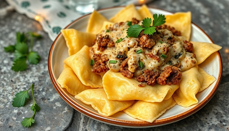 Turkish pasta Yalancı Mantı with meat sauce and yogurt on stone surface.