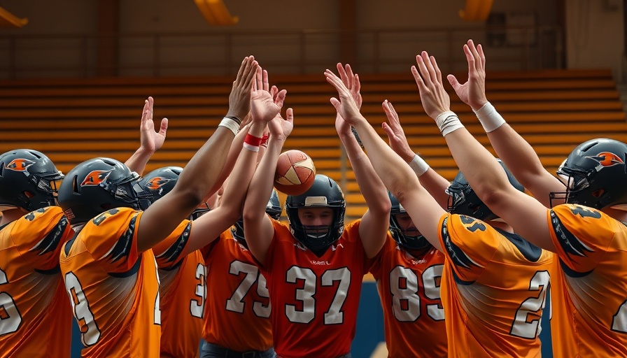 A football team huddles with arms raised during practice.