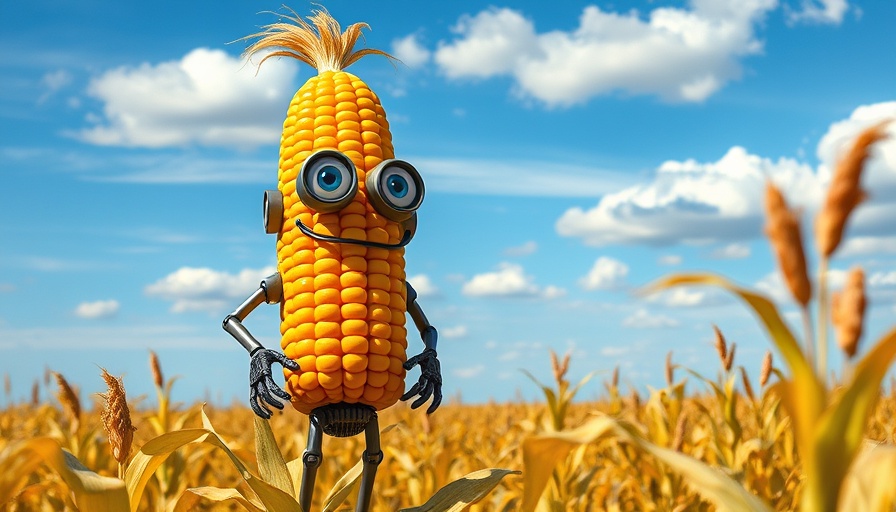 Surreal robotic corn character in a field, symbolizing deregulating GMO corn.