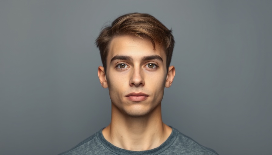 Young male with neutral expression, gray background.
