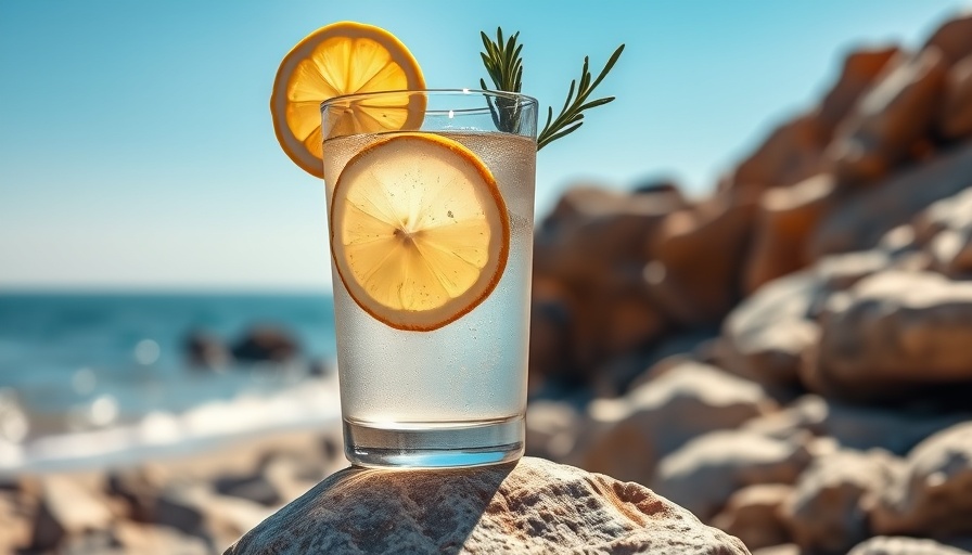 Refreshing cocktail with lemon for World Martini Day on beach rock