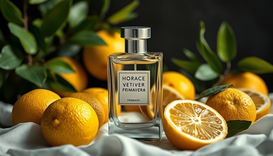 Horace Vetiver Primavera fragrance bottle with citrus fruits.