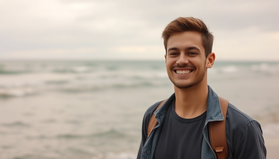 Man at the beach smiling with overcast skies and calm sea.