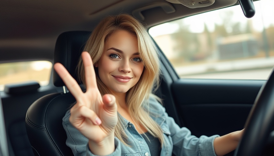Blonde woman casually posing with peace sign inside a car.
