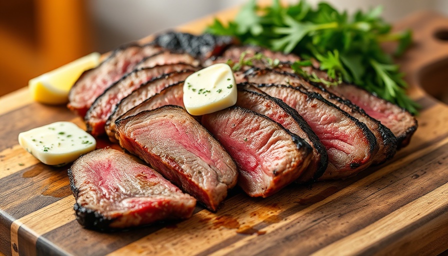 Juicy grilled London broil sliced and served with herb butter.