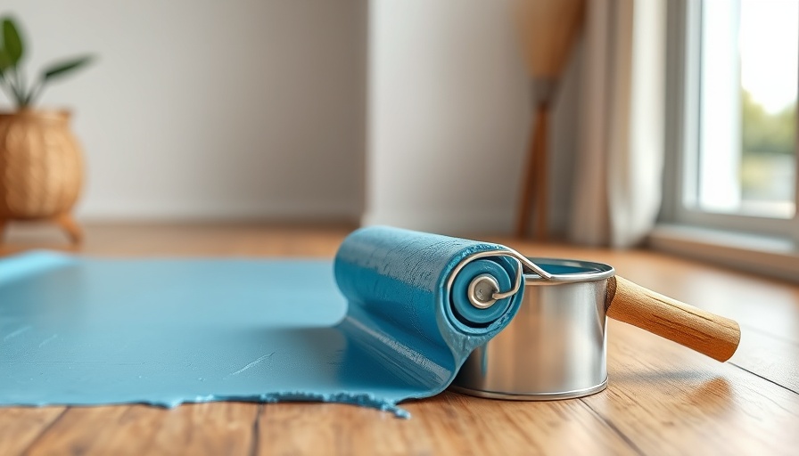 Eco-friendly blue paint with roller in a modern room setting.