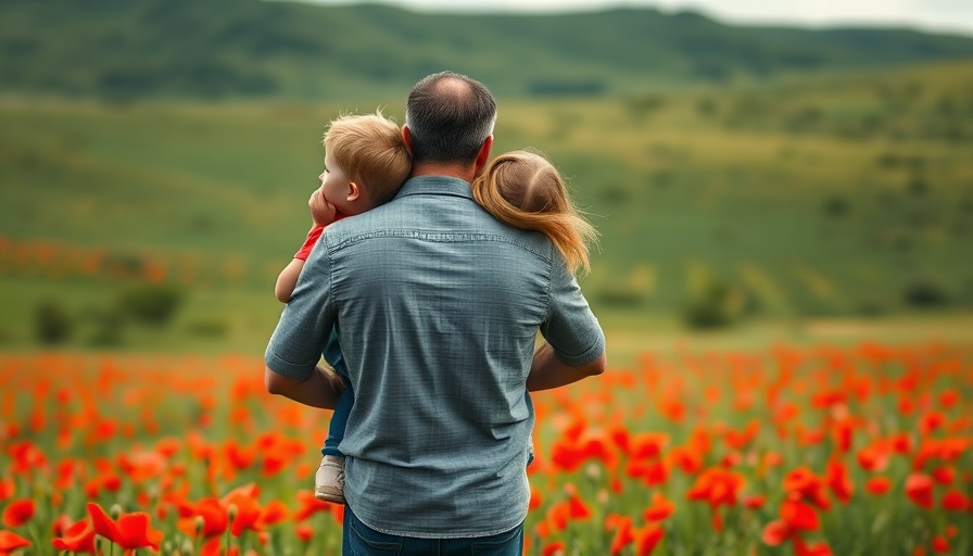 Father and children in poppy field
