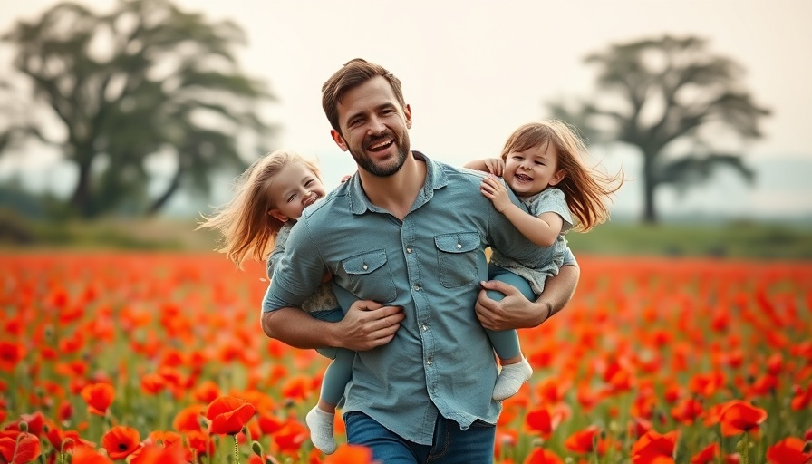 Father with children in flower field, cheerful moment outdoors.