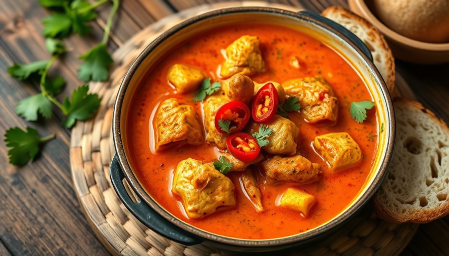 Aromatic Vietnamese chicken curry with bread on rustic table.