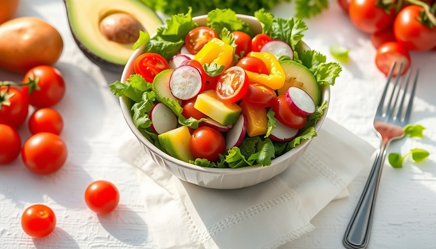 Colorful vegetable salad with avocados and cherry tomatoes for healthy diet.