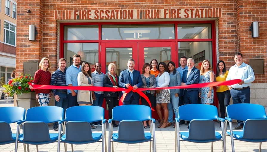 Alden Mills Fire Station Revere ribbon-cutting ceremony with smiling attendees.