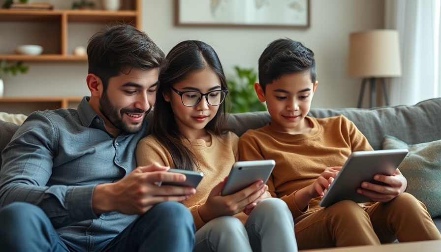 Modern family on couch using electronic devices, highlighting screen dependence.