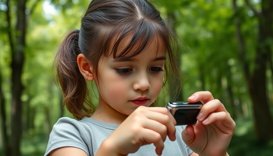 Tween contemplating smartwatch in forest setting.