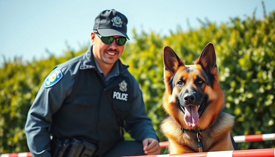 Police officer with German Shepherd in training, sunny day