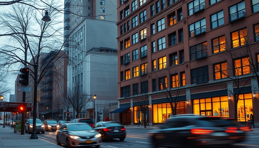Urban street scene with a brick building and traffic motion.