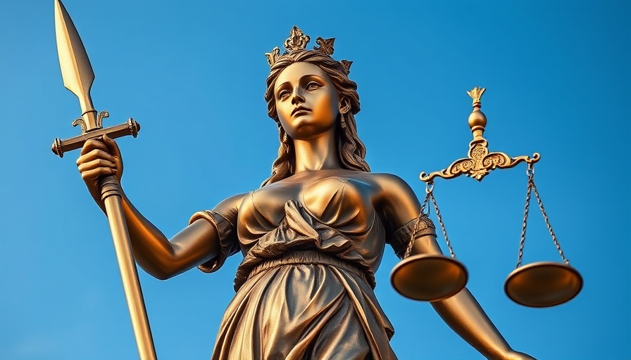 Statue of Justice holding scales and sword against blue sky.