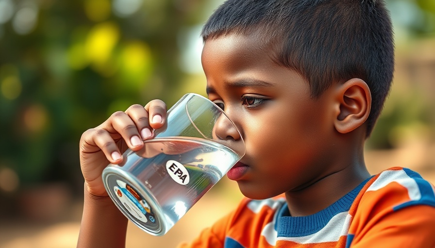 Young boy drinks water next to EPA logo, outdoors.