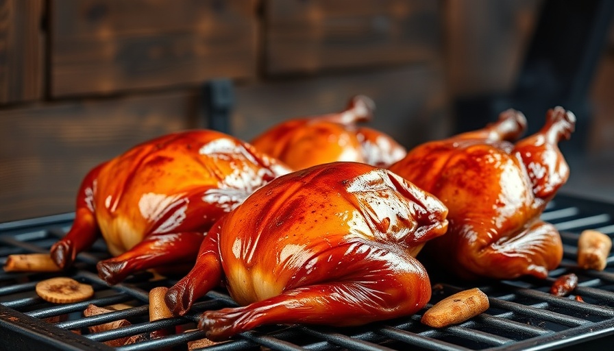 Two Peking ducks roasting on a barbecue.