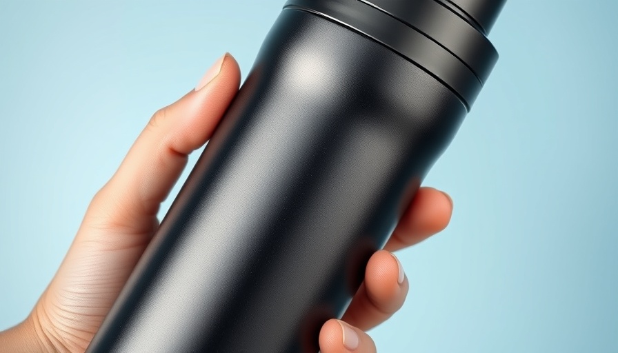 Sleek black Aquaphor water filter bottle held against blue background.