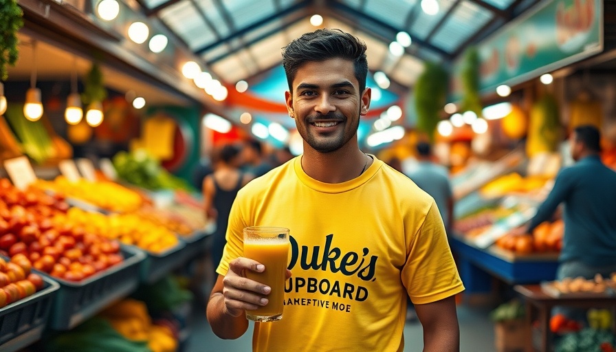 Young man wearing Champion x Duke's Cupboard streetwear in a market.