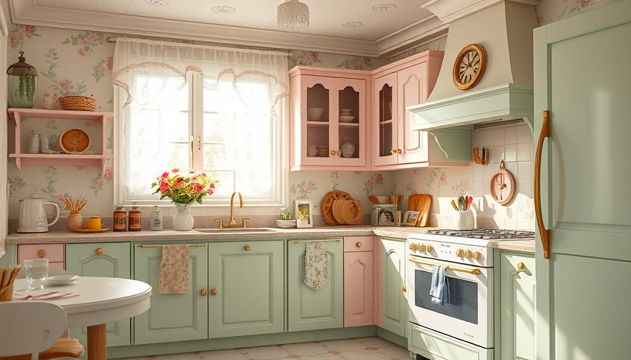 Coquette kitchen decor with pastel colors and floral patterns.