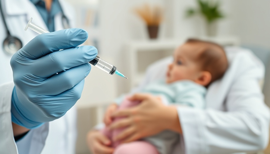 Medical professional with syringe, parent holding baby in clinic, children missing vaccines 2024.