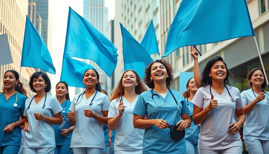 Protesting nurses reject pay deal holding banners in a vibrant city scene.