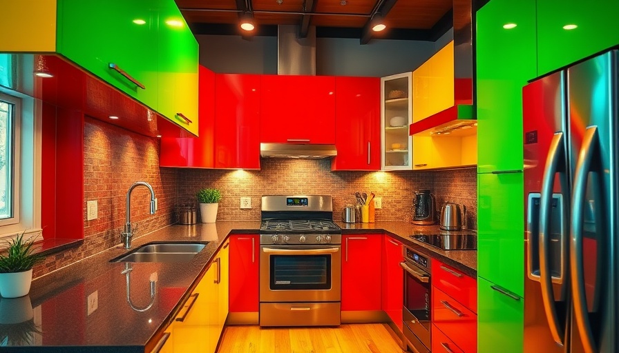 Vibrant kitchen revealing dopamine decor ideas with colorful cabinets.