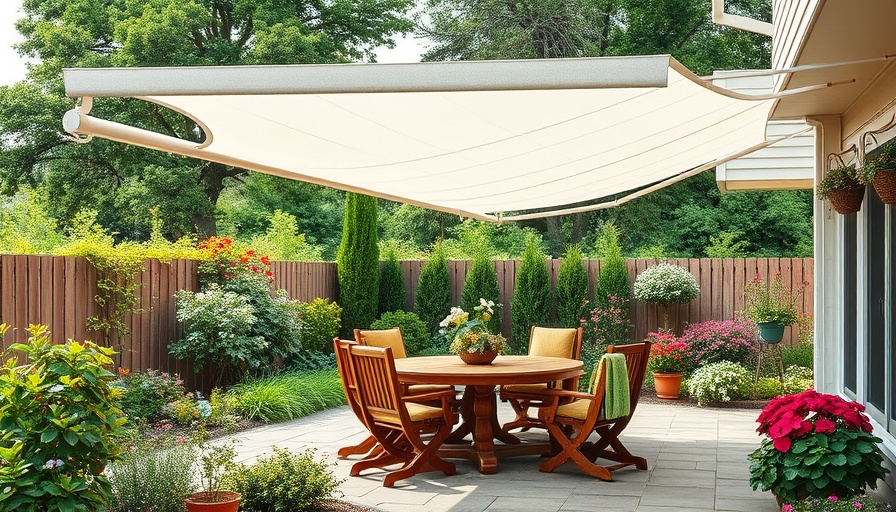 High-quality residential awnings over a garden patio.