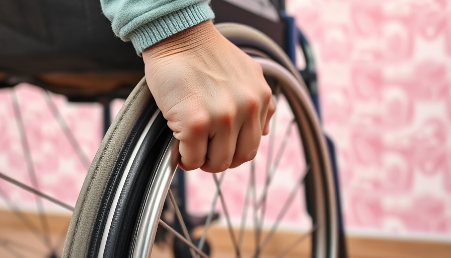 Close-up of hand on wheelchair wheel, detailed textures, NRS Healthcare collapse.