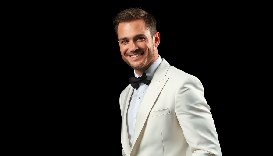 Elegant man in white tuxedo smiling warmly, Ralph's Club New York fragrance.