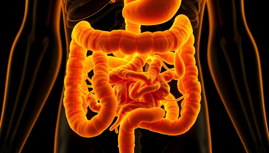 Glowing digital rendering of digestive system for gut inflammation insulin resistance.