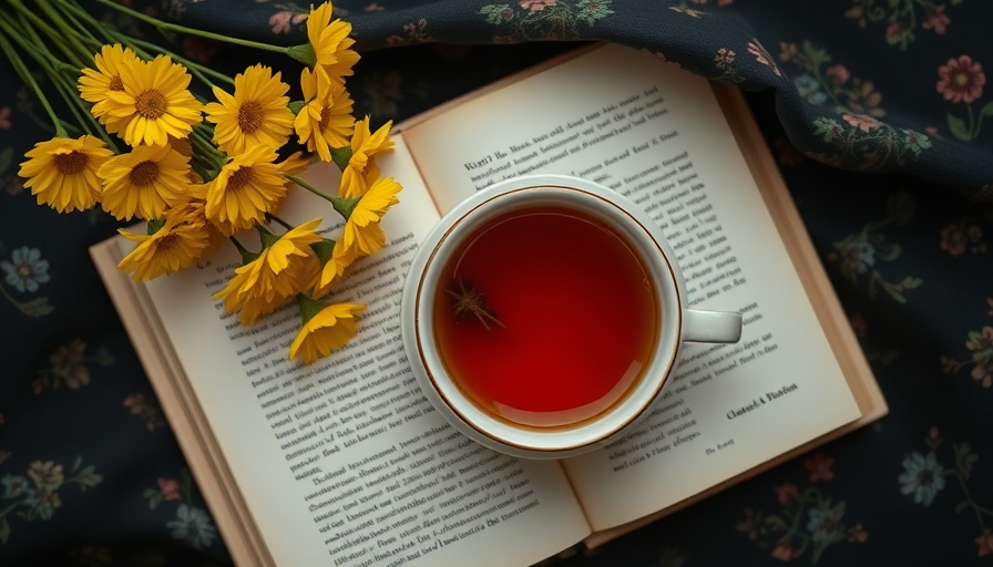 Aesthetic herbal tea setting with flowers and a book.