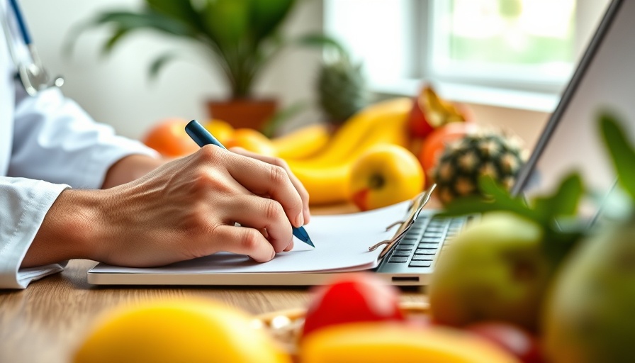 Doctor consulting on diet with fresh fruits on the table.