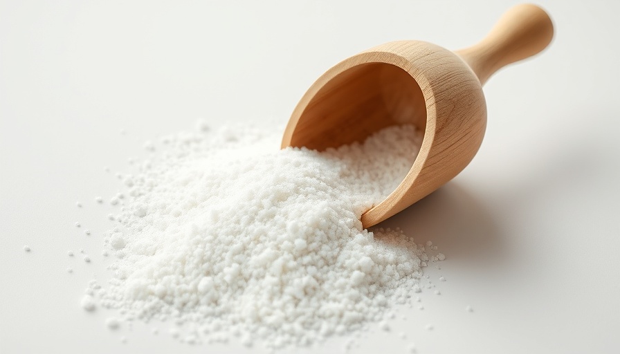 Granulated sweetener in a bowl with wooden scoop on dark surface.