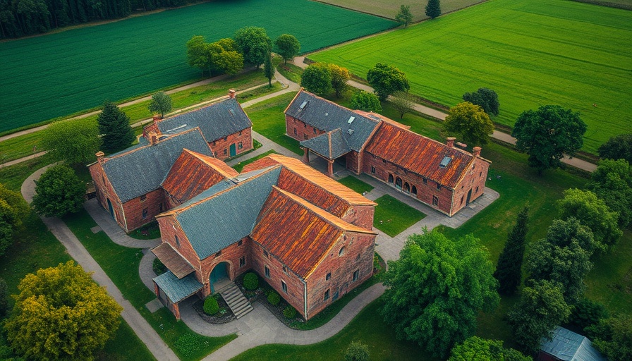 Rustic brick building surrounded by green fields from above.
