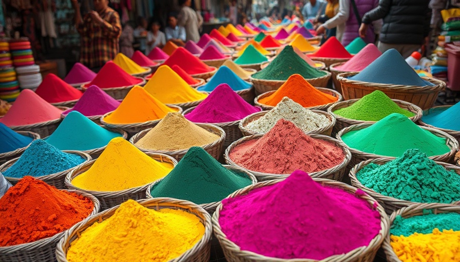 Vibrant market display of colorful powders, highlighting natural blue food dye.