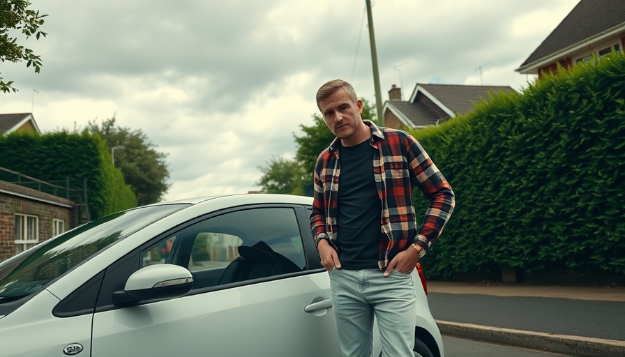 Confused man beside white car on street, parking penalty mix-up.